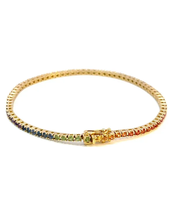 Tenisový náramek s duhovými safíry, 14kt žluté zlato, 2,45 ct